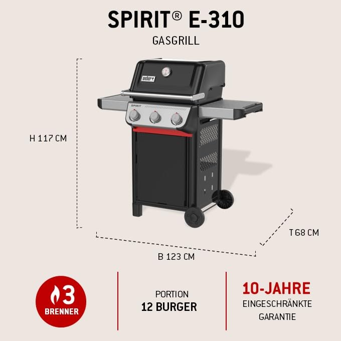 Gasgrill Spirit E 310 mit 3 Edelstahlbrennern 8,8 kW Grillfläche 60x45 cm Warmhalterost und Thermometer