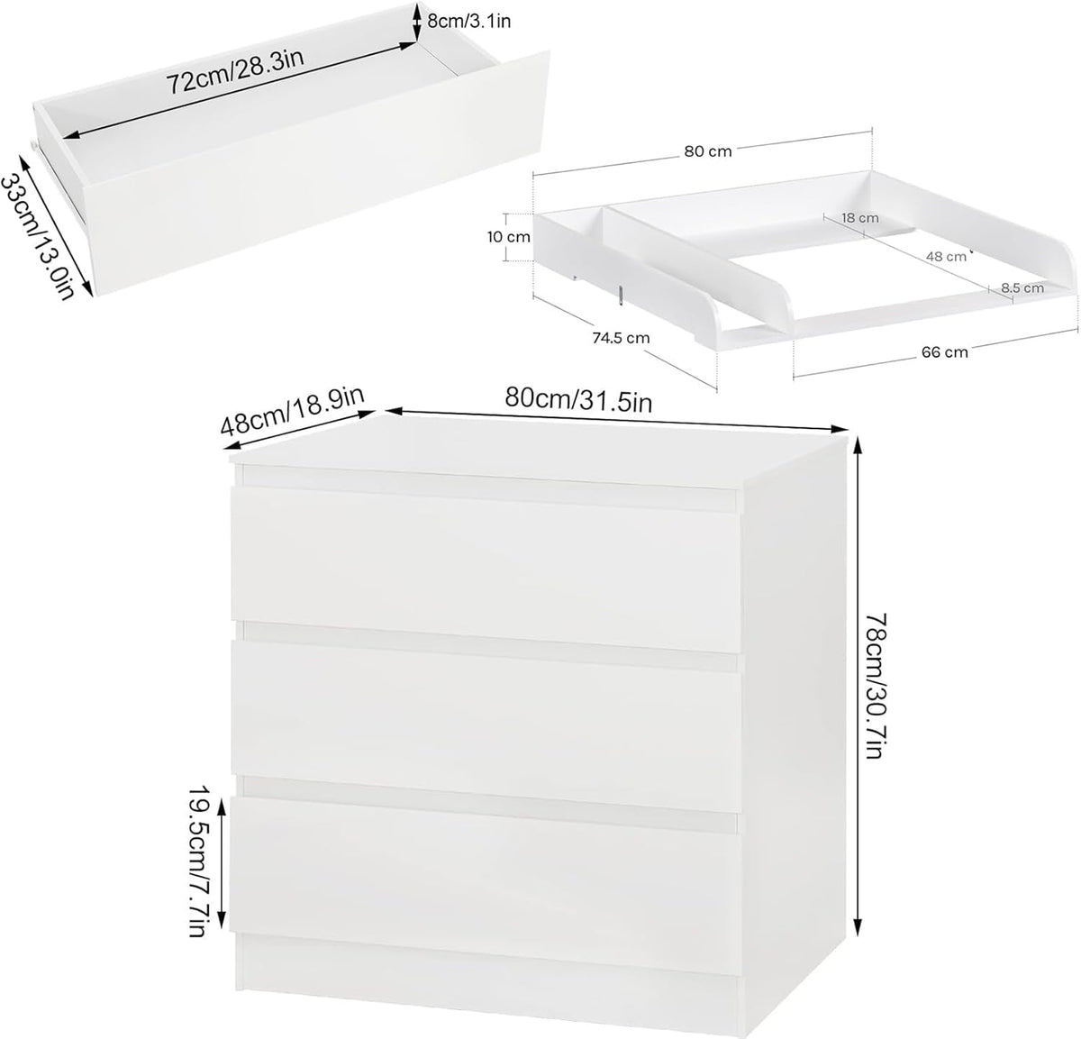 Wickelkommode mit Wickelaufsatz 3 Schubladen leise Metallschienen Kippschutz 86 cm Lendenwirbelschutz weiß