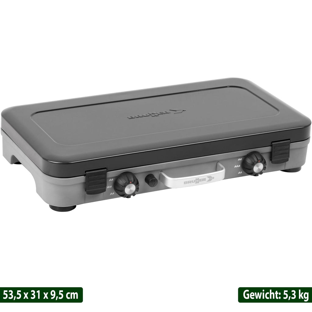 Campingkocher zweiflammig Gaskocher POWERKOOK 50 mbar mit 2 Grillplatten für Camping Outdoor