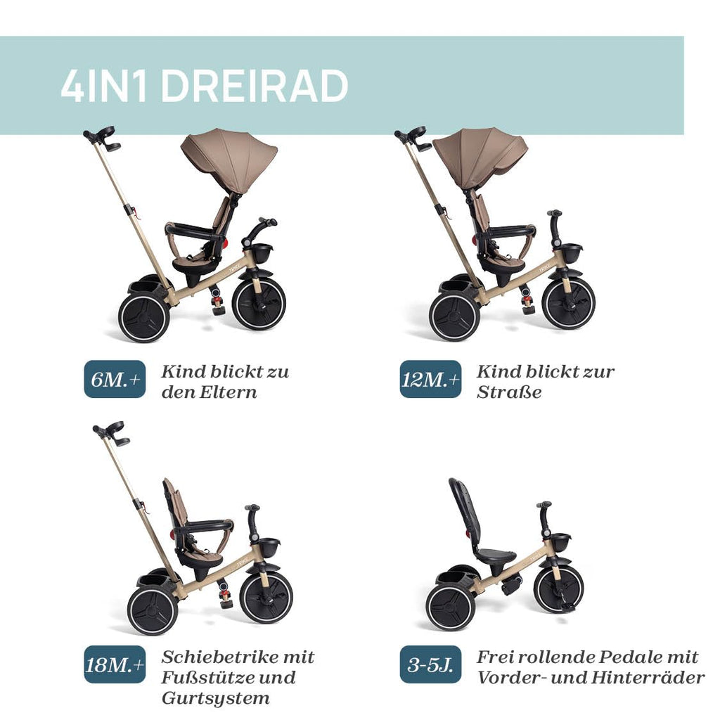 4in1 Dreirad abnehmbares Verdeck Eva Gummiräder Teleskop Schiebestange Freilaufpedale