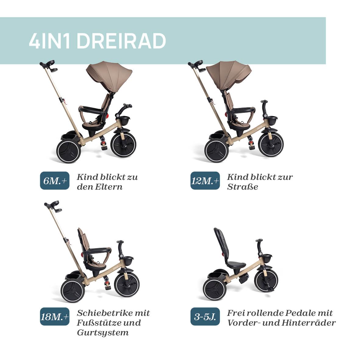 4in1 Dreirad abnehmbares Verdeck Eva Gummiräder Teleskop Schiebestange Freilaufpedale