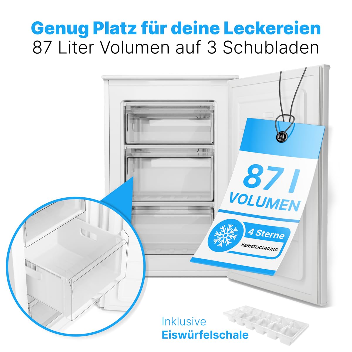 Gefrierschrank 87 L GS 7253 weiß 4 Sterne Gefrierfach 3 Schubladen Eiswürfelschale leise klein Energieklasse C