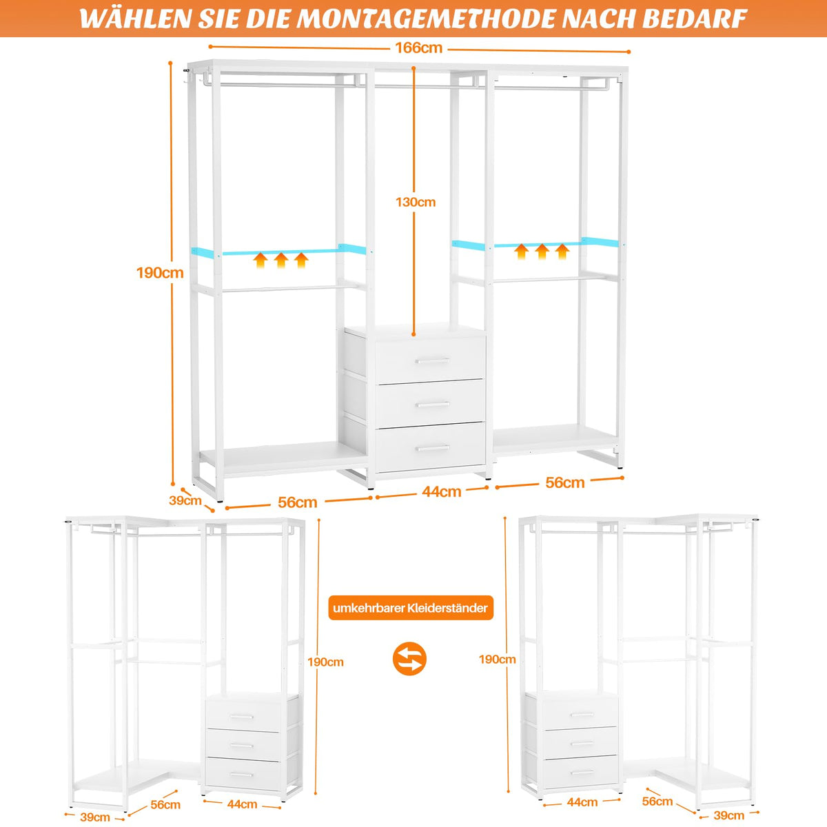 Robuster Kleiderständer mit Schubladen, freistehender Kleiderschrank, Eck Schranksystem in L Form, Weiß