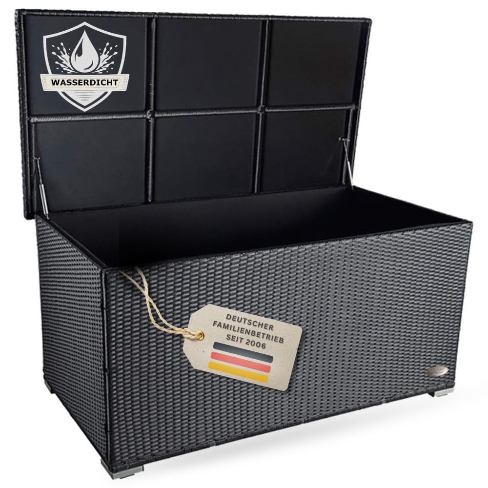 Auflagenbox wasserdicht XXL 950 l schwarz Gartenbox Aufbewahrungsbox Kissenbox Outdoor Gartentruhe Polyrattan
