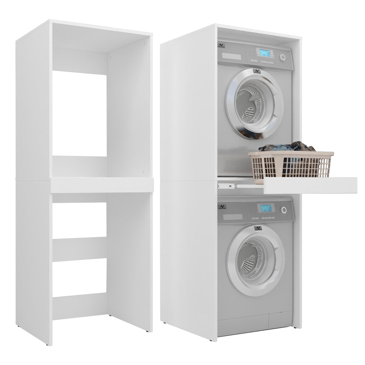 Waschmaschinenschrank für Waschmaschine und Trockner 183,7x65x66 cm ausziehbarer Regalboden Hochkant 18mm Weiß