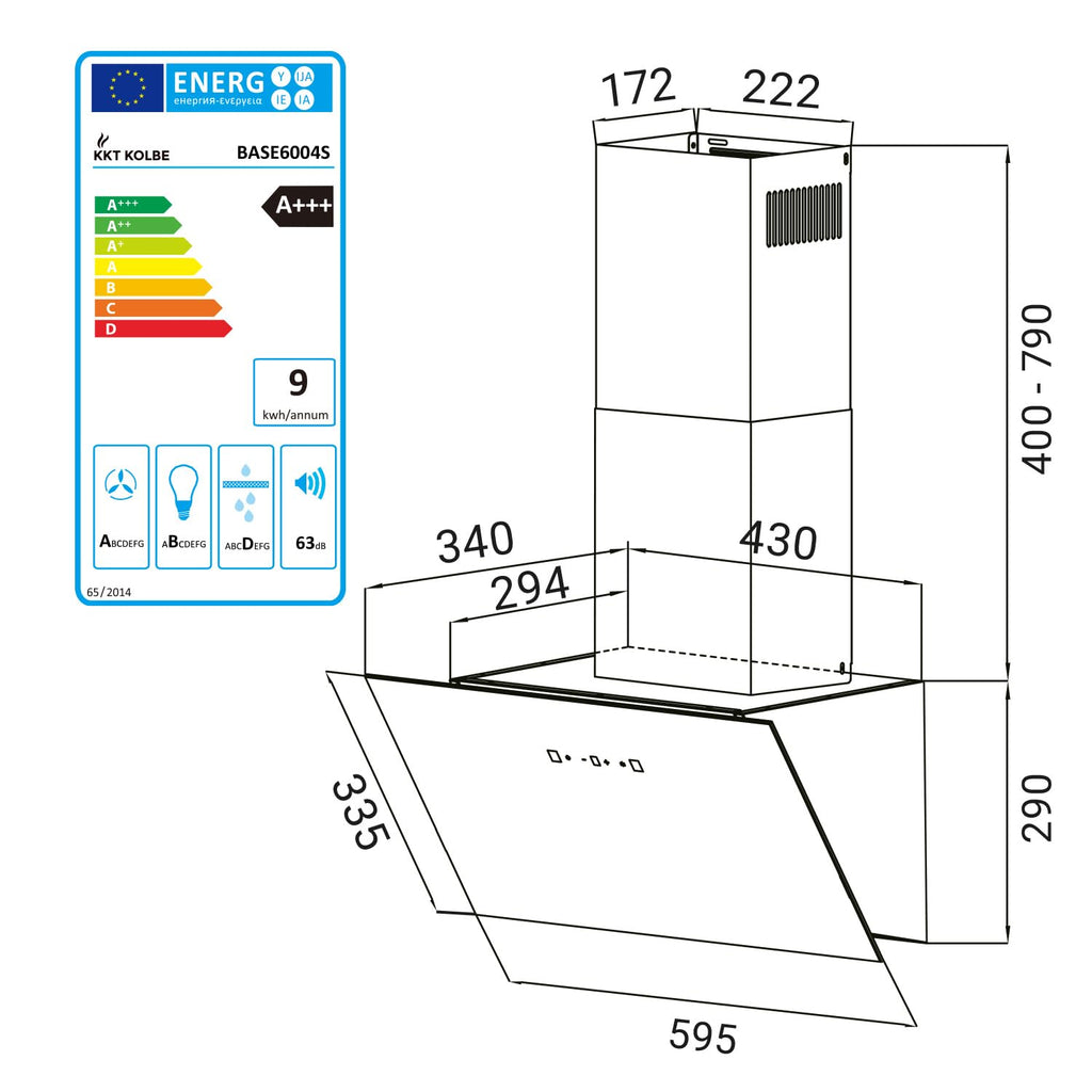 Dunstabzugshaube BASE6004S Wandhaube 60 cm kopffrei Energieklasse A+++ Wandmontage für Küche