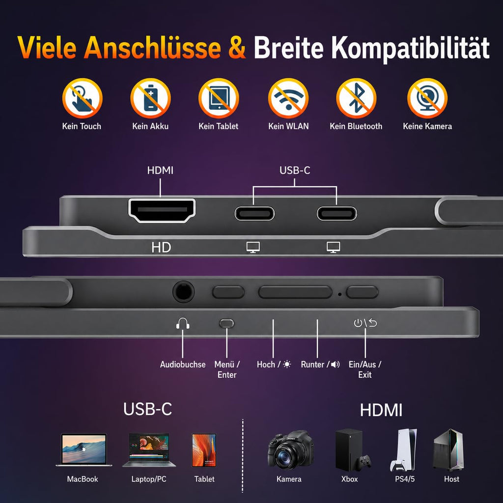 Tragbarer Monitor 18.5 Zoll 1080P FHD 120% sRGB HDMI USB-C Lautsprecher VESA Ständer für Laptop Xbox PS4 PS5
