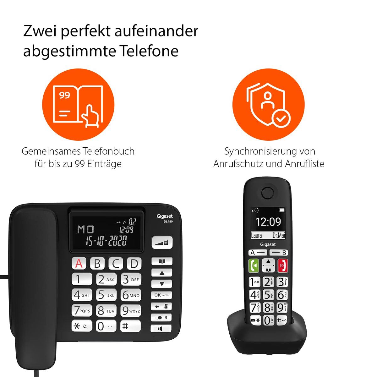 DL780 Plus Kombi Set schnurgebundenes Telefon und Mobilteil extralaut hörgerätekompatibel Telefonbuch schwarz