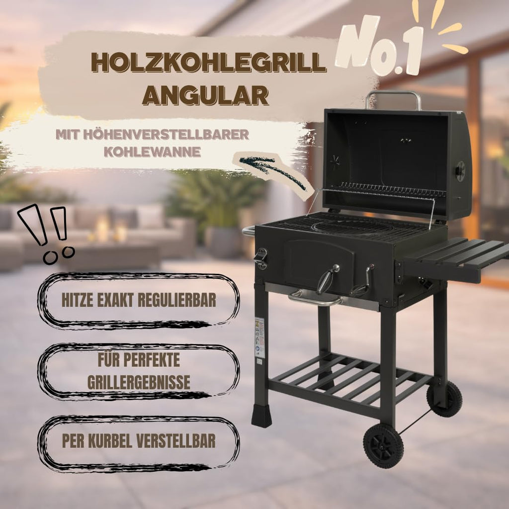 Holzkohlegrill Angular Guss Gusseisenrost Abdeckhaube Deckel verstellbare Kohlewanne Thermometer Grillwagen