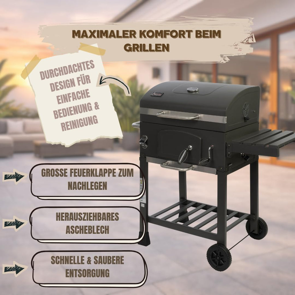 Holzkohlegrill Angular Guss Gusseisenrost Abdeckhaube Deckel verstellbare Kohlewanne Thermometer Grillwagen