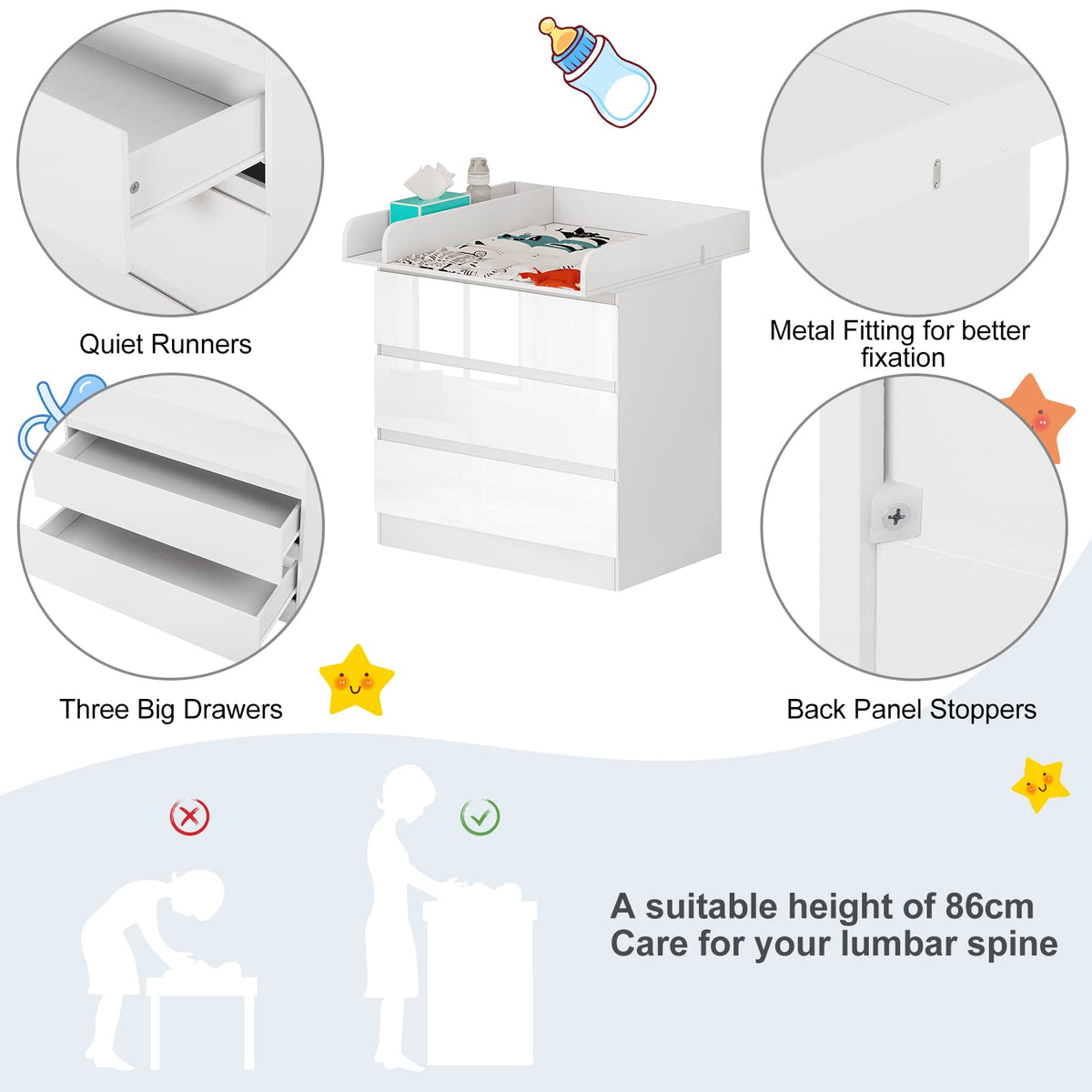 Wickelkommode mit Wickelaufsatz 3 Schubladen leise Metallschienen Kippschutz 86 cm Lendenwirbelschutz weiß