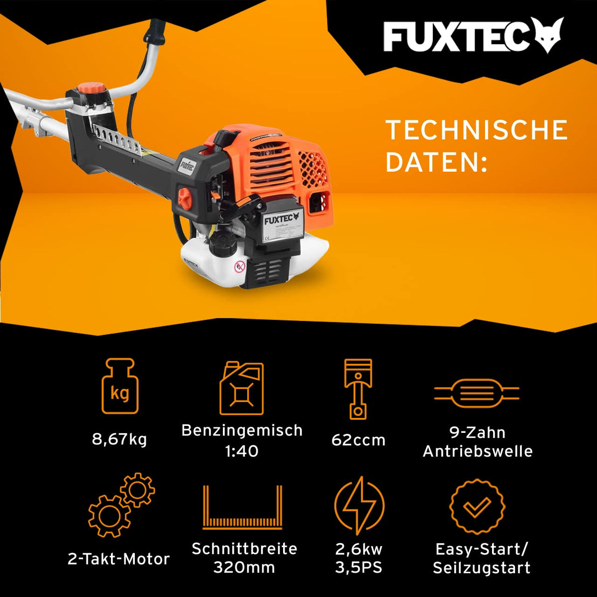 Benzin Motorsense FX-PS162 62ccm 3,5PS 2 Takt Antivibrationssystem für Garten Unkraut und Gras