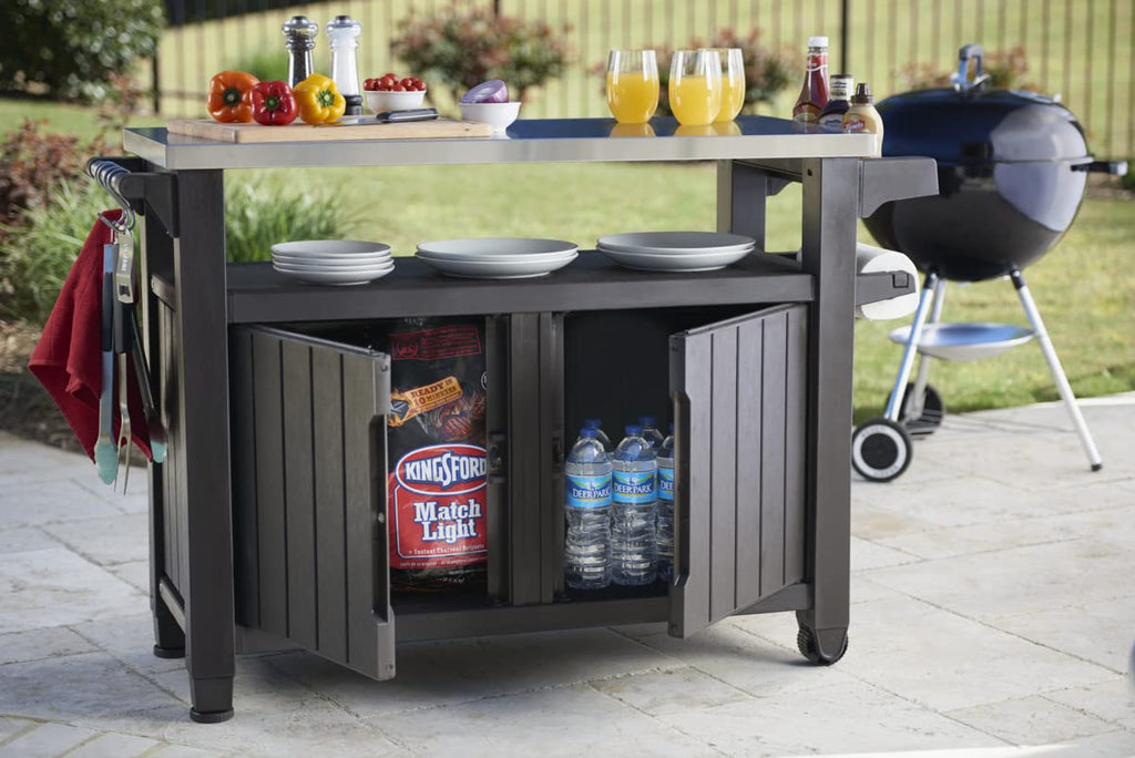 Unity XL BBQ Beistelltisch 134x51.7x89.6cm grau wetterfest Edelstahl Arbeitsplatte Outdoor Sideboard