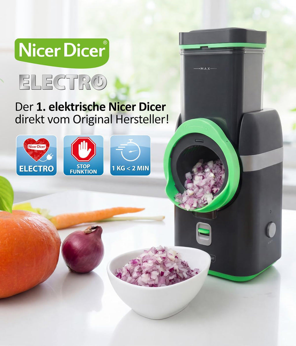 Gemüsehobel Electro 32 tlg Gemüseschneider automatisch Käsereibe für Gemüse Obst Nüsse 9 extrascharfe Einsätze