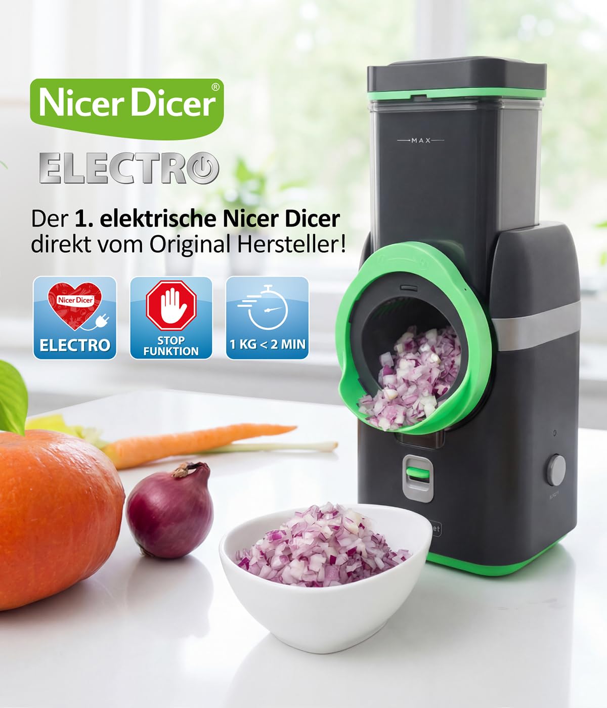 Gemüsehobel Electro 32 tlg Gemüseschneider automatisch Käsereibe für Gemüse Obst Nüsse 9 extrascharfe Einsätze
