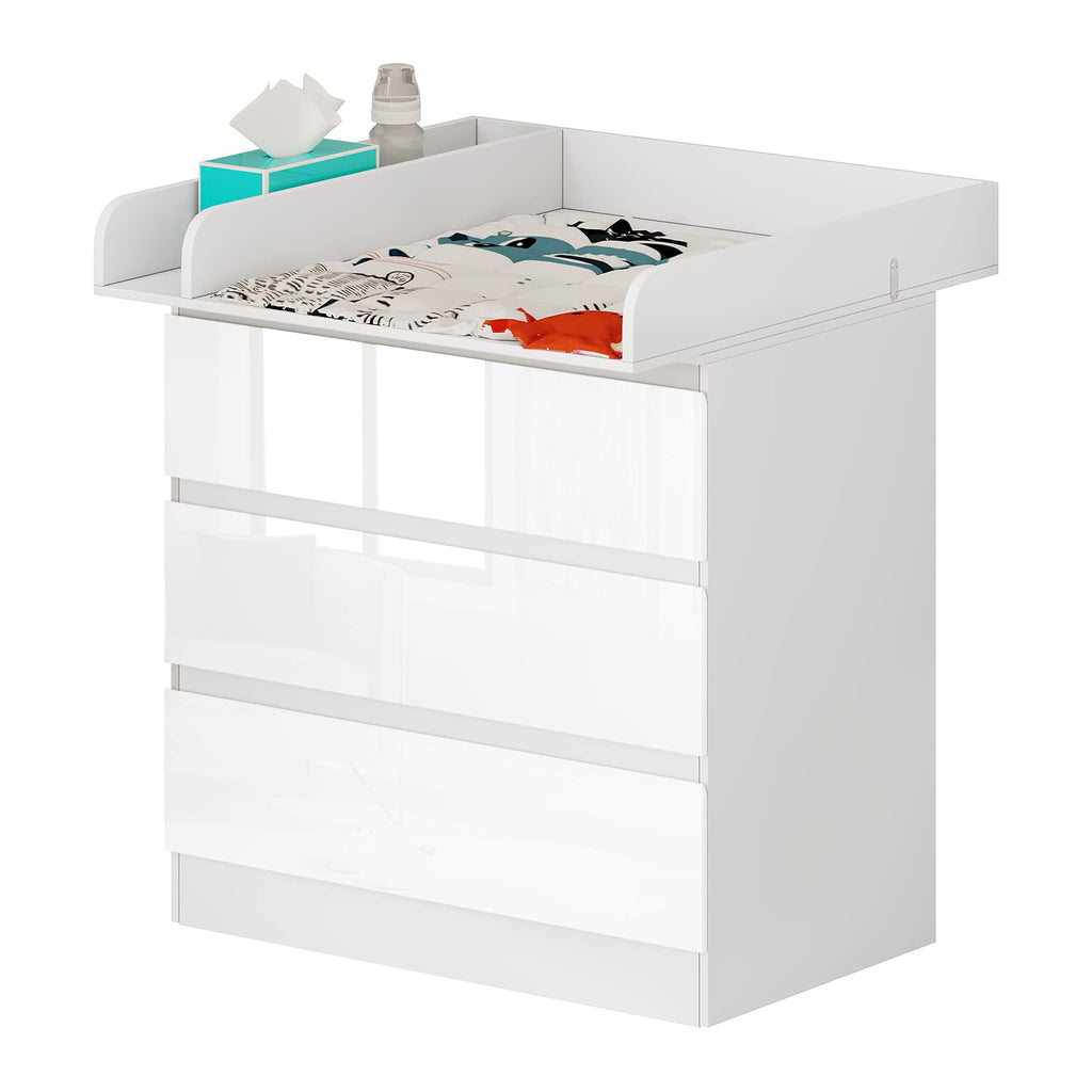 Wickelkommode mit Wickelaufsatz 3 Schubladen leise Metallschienen Kippschutz 86 cm Lendenwirbelschutz weiß