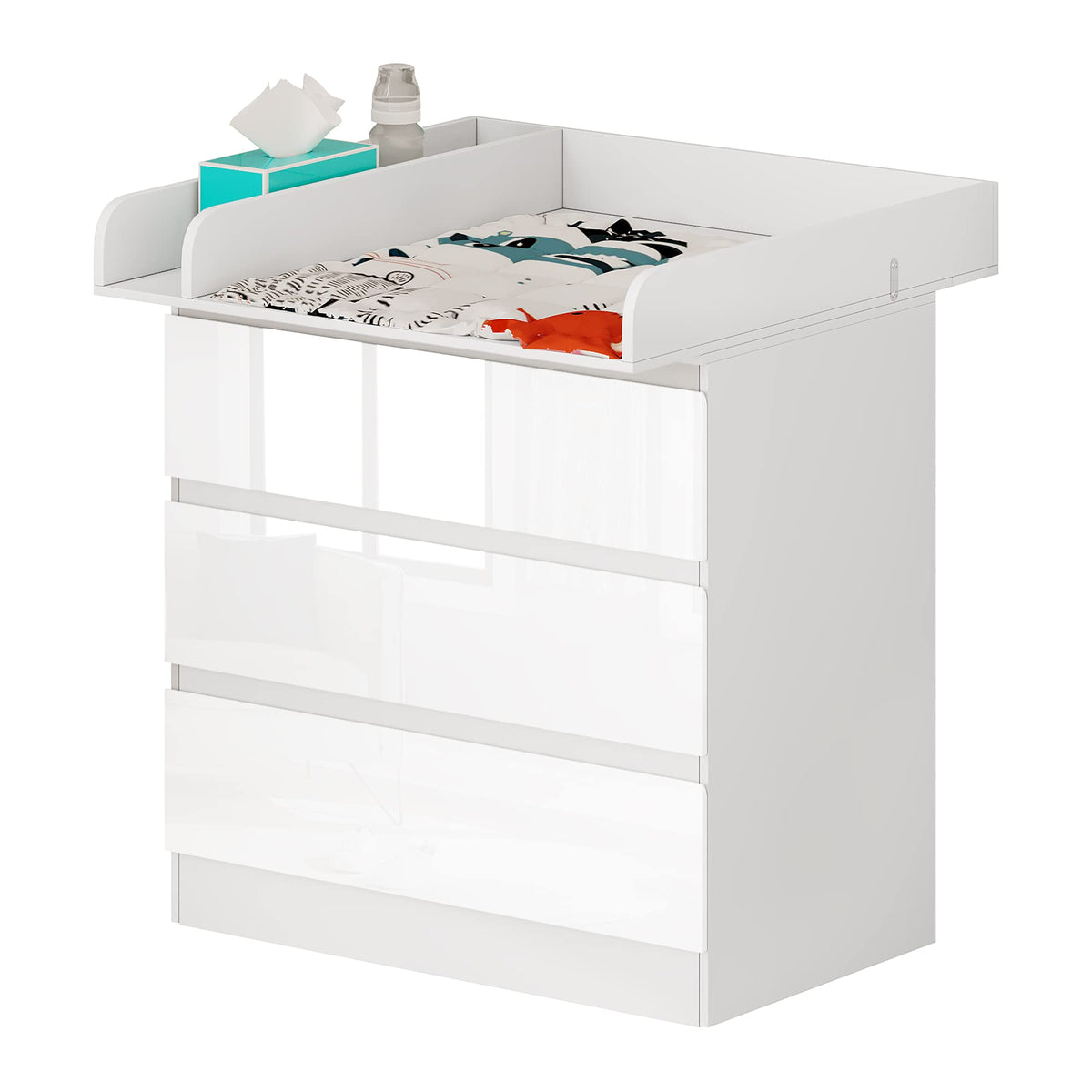 Wickelkommode mit Wickelaufsatz 3 Schubladen leise Metallschienen Kippschutz 86 cm Lendenwirbelschutz weiß