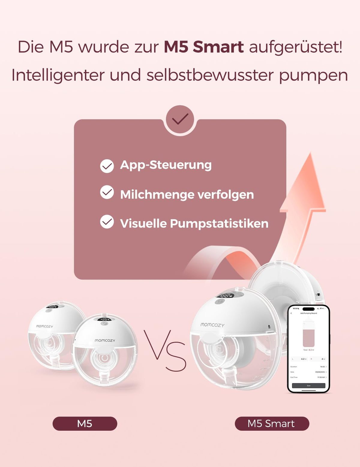 M5 Smart tragbare elektrische Milchpumpe handsfree per App steuerbar 1 Pack Grau für Stillende