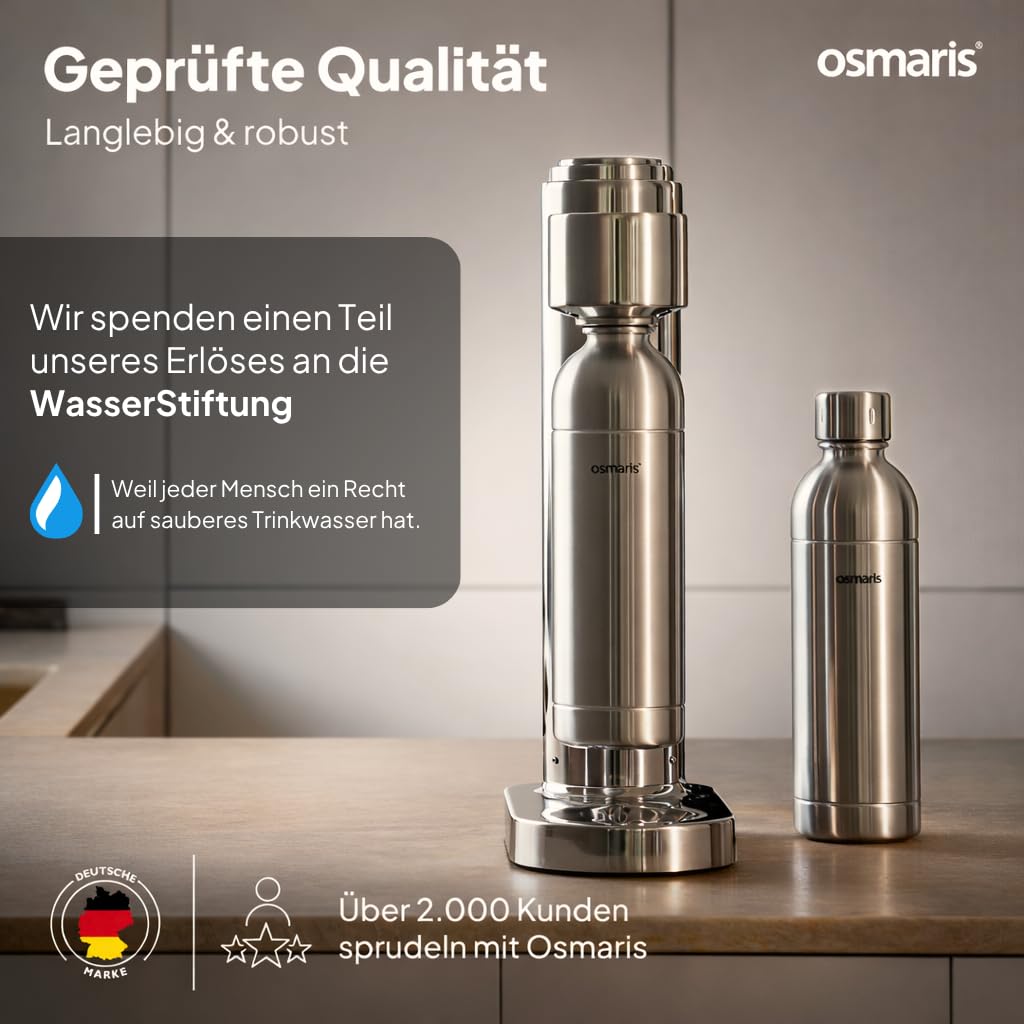 Wassersprudler Edelstahl inkl 2x 1,1 L Edelstahlflaschen geschmacksneutral 100% dicht Druckablassventil Küche