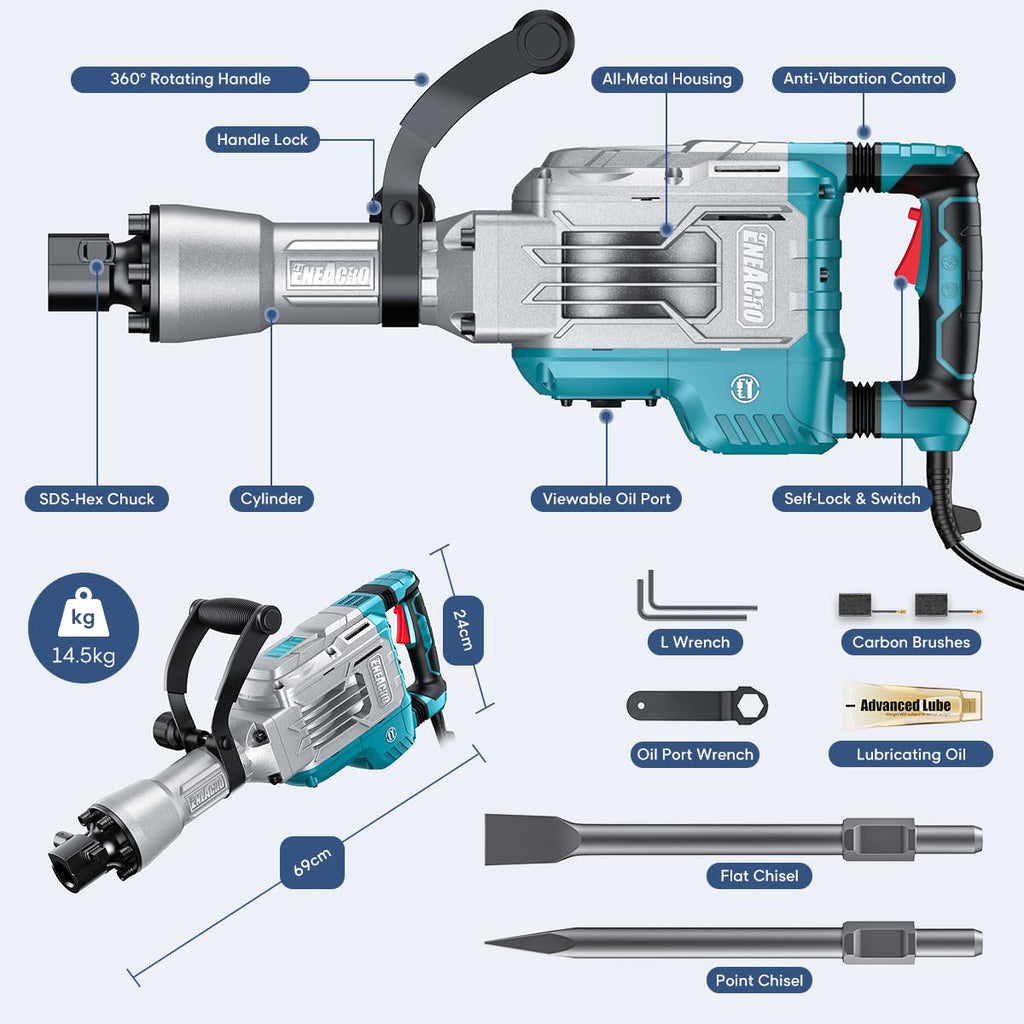 Abbruchhammer 1700W SDS Hex Stemmhammer 65 Joule Betonbrecher Antivibrationsgriff 2 Meißel Koffer mit Rollen