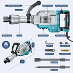 Abbruchhammer 1700W SDS Hex Stemmhammer 65 Joule Betonbrecher Antivibrationsgriff 2 Meißel Koffer mit Rollen