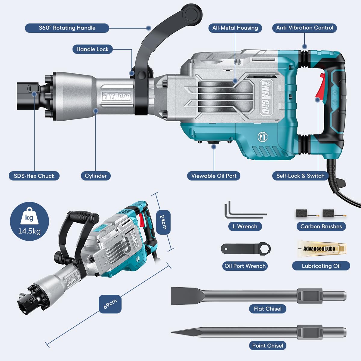 Abbruchhammer 1700W SDS Hex Stemmhammer 65 Joule Betonbrecher Antivibrationsgriff 2 Meißel Koffer mit Rollen