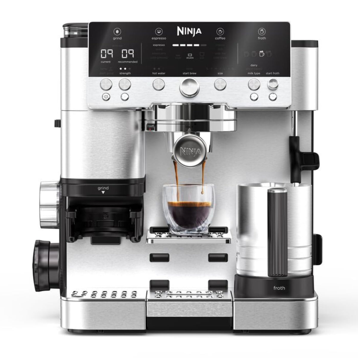 Luxe Premier 3 in 1 Kaffeemaschine mit Mahlwerk und Aufschäumer Silber für Espresso Latte Cappuccino