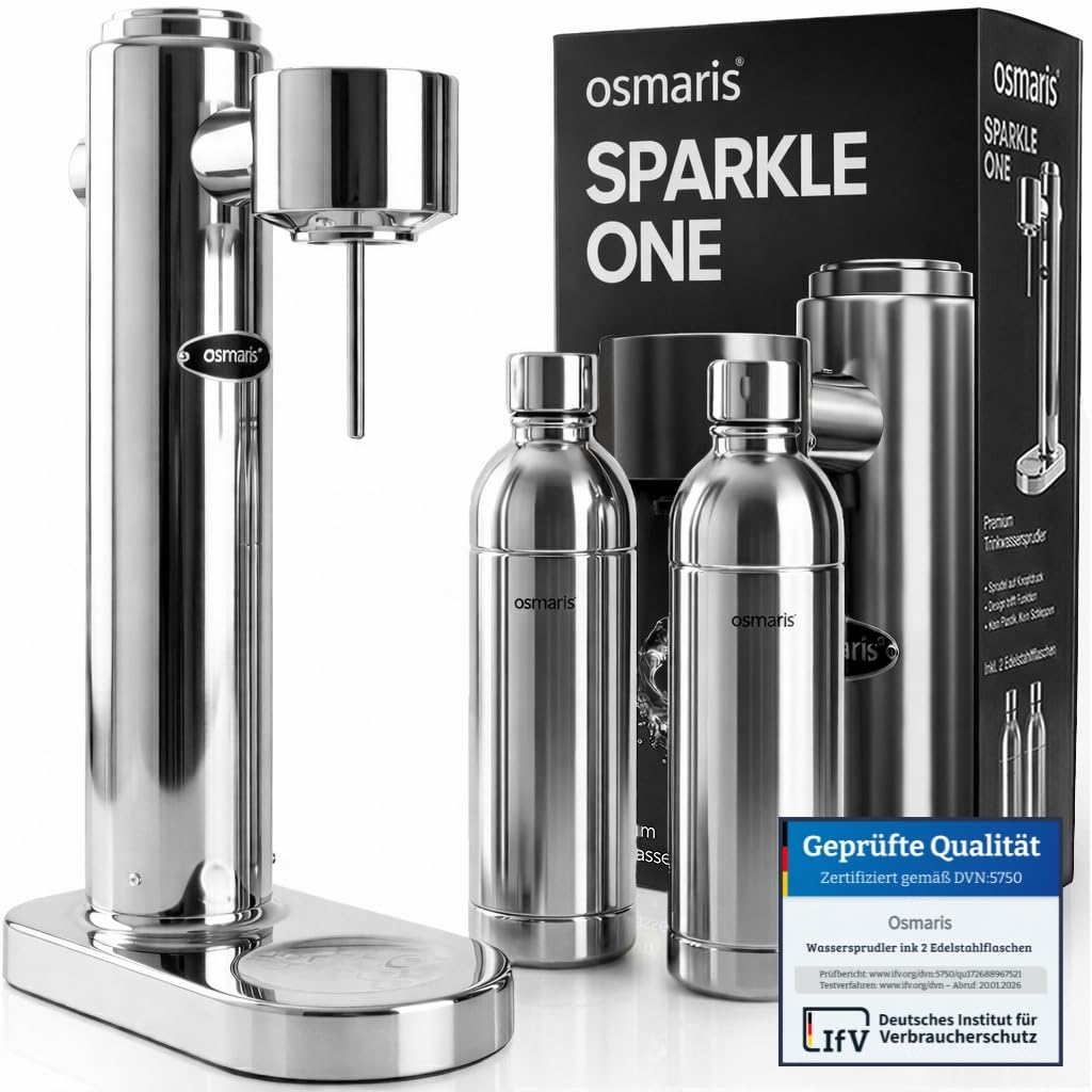 Wassersprudler Edelstahl inkl 2x 1,1 L Edelstahlflaschen geschmacksneutral 100% dicht Druckablassventil Küche