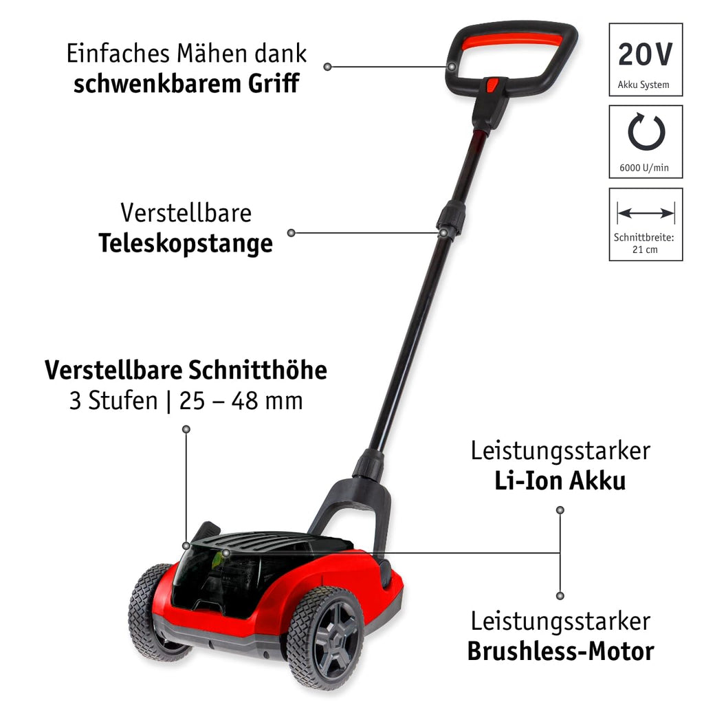 Akku Handrasenmäher 20V mit einstellbarer Schnitthöhe 25 bis 48 mm für präzisen Schnitt im Garten