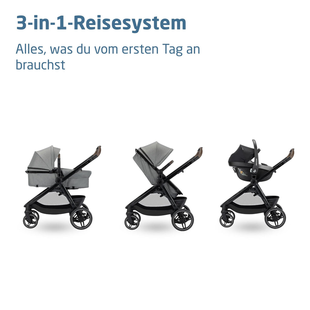 Zelia Select Trio Kinderwagen 3in1 mit Kindersitz 0 bis 4 Jahre 22 kg faltbar wendbar CabrioFix S iSize Grau