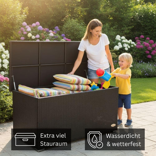 Auflagenbox wasserdicht XXL 950 l schwarz Gartenbox Aufbewahrungsbox Kissenbox Outdoor Gartentruhe Polyrattan