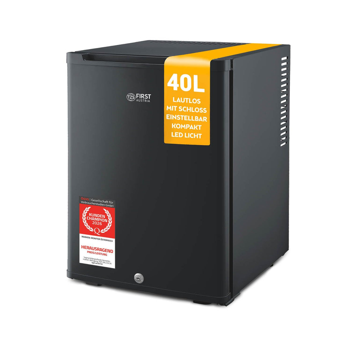 Minikühlschrank 40L lautlos abschließbar, Türanschlag wechselbar, Innenbeleuchtung, Minibar, Energieklasse E