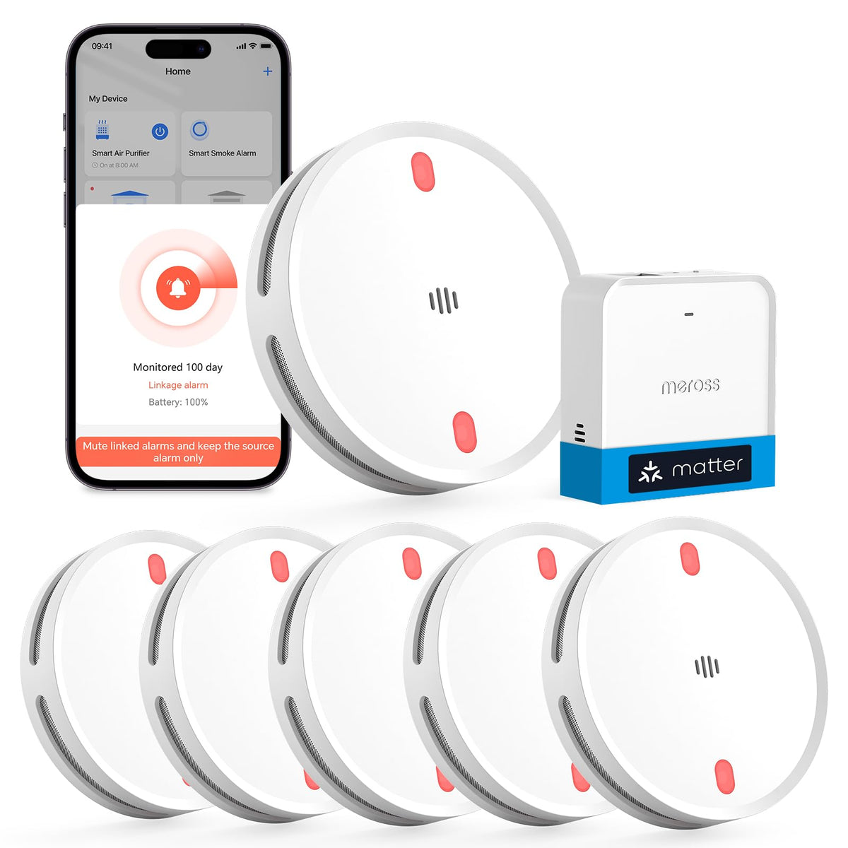 Vernetzter Matter Rauchmelder WLAN Feuermelder mit MSH450 Hub für Smart Home Alarm App Steuerung