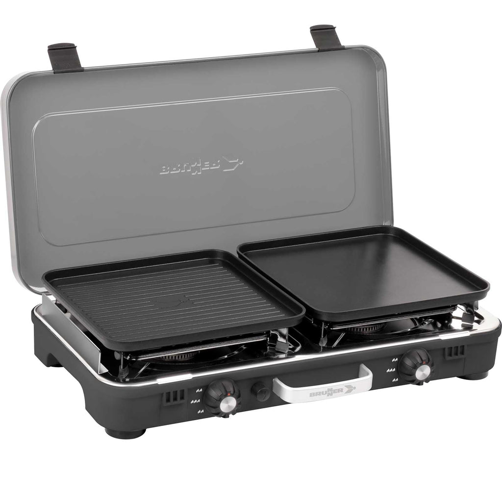 Campingkocher zweiflammig Gaskocher POWERKOOK 50 mbar mit 2 Grillplatten für Camping Outdoor