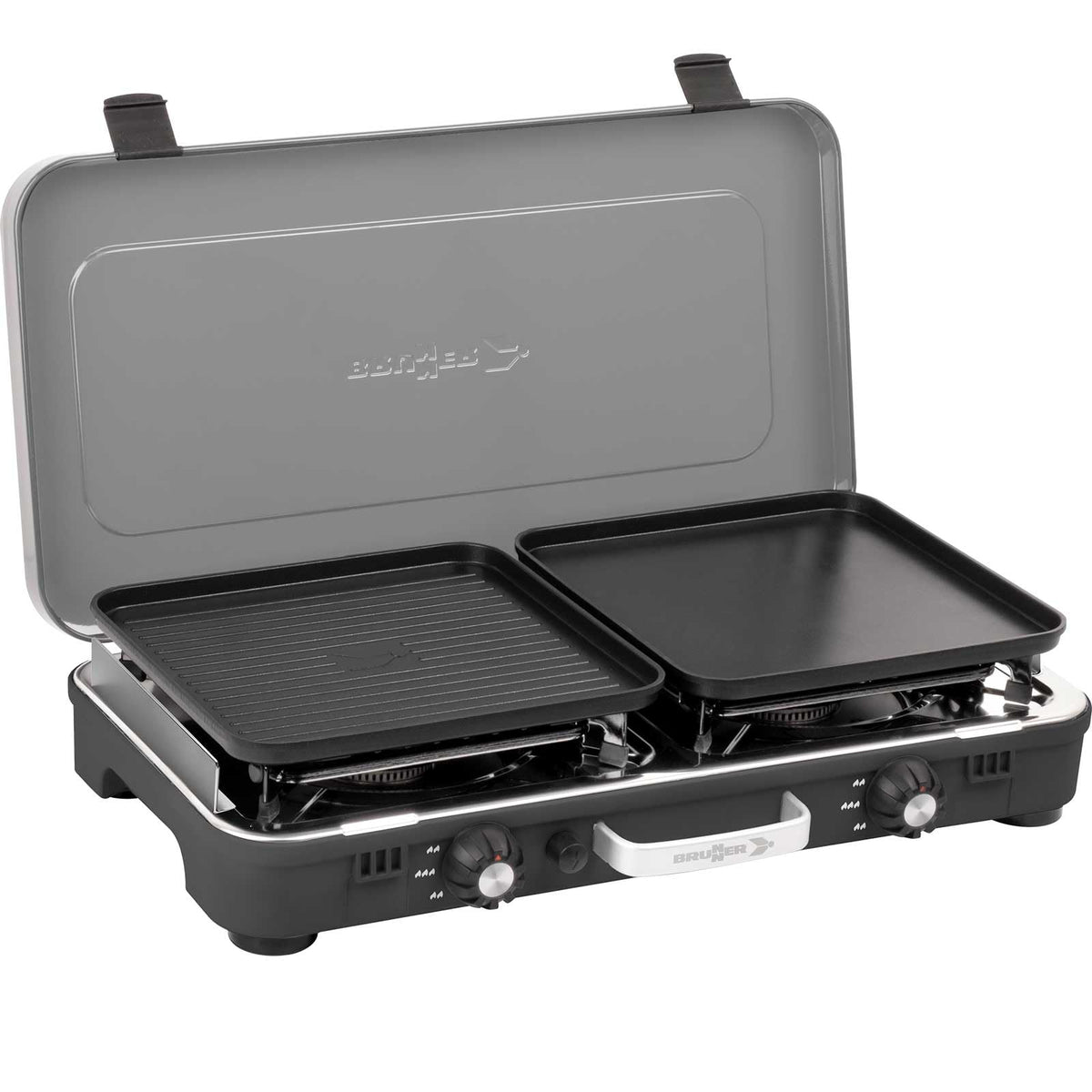 Campingkocher zweiflammig Gaskocher POWERKOOK 50 mbar mit 2 Grillplatten für Camping Outdoor