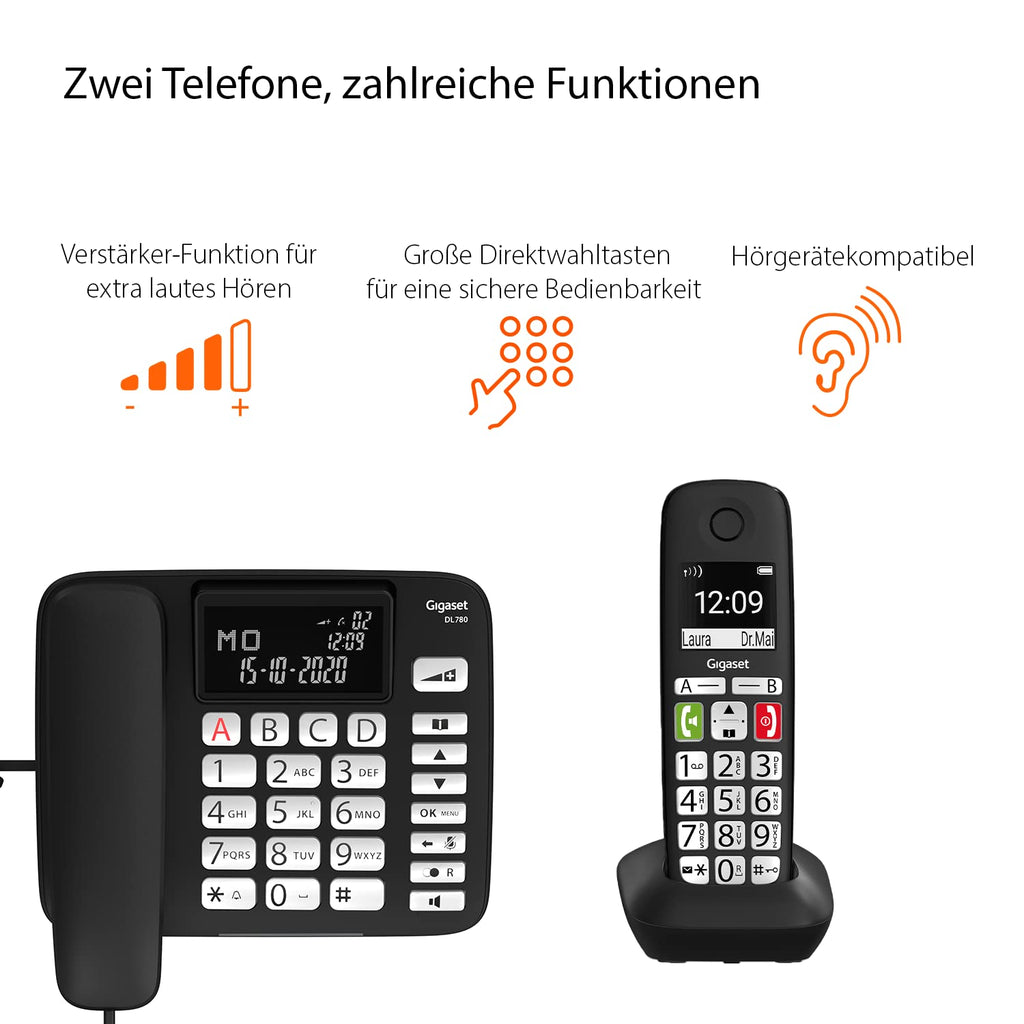 DL780 Plus Kombi Set schnurgebundenes Telefon und Mobilteil extralaut hörgerätekompatibel Telefonbuch schwarz