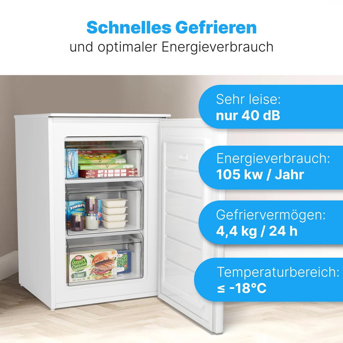 Gefrierschrank 87 L GS 7253 weiß 4 Sterne Gefrierfach 3 Schubladen Eiswürfelschale leise klein Energieklasse C