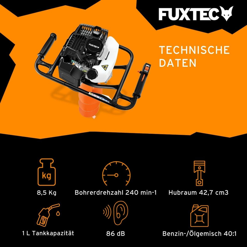 Erdlochbohrer FX-EB143ECO mit 2 Bohraufsätzen 42,7 cm³ 2 Takt Motor 100/150 mm Bohrer Fliehkraftkupplung
