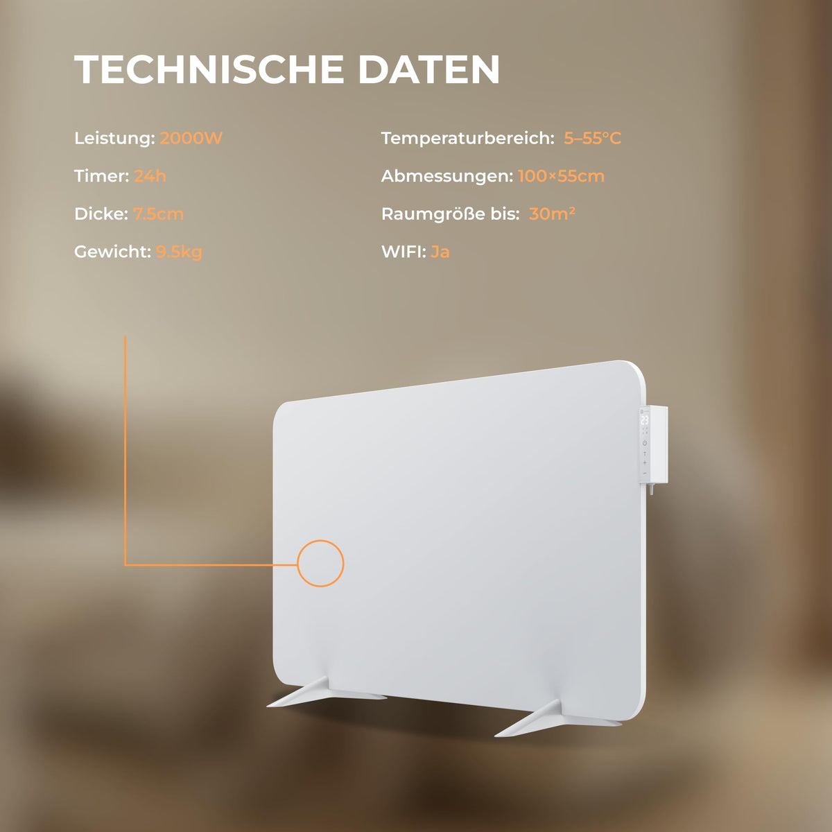 Hybrid Infrarotheizung 2000 W für Räume bis 30 qm Weiß Elektroheizung Raumheizung für Zuhause