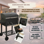 Holzkohlegrill Angular Guss Gusseisenrost Abdeckhaube Deckel verstellbare Kohlewanne Thermometer Grillwagen