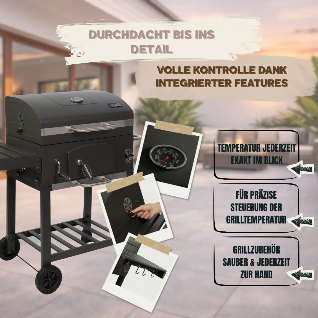 Holzkohlegrill Angular Guss Gusseisenrost Abdeckhaube Deckel verstellbare Kohlewanne Thermometer Grillwagen