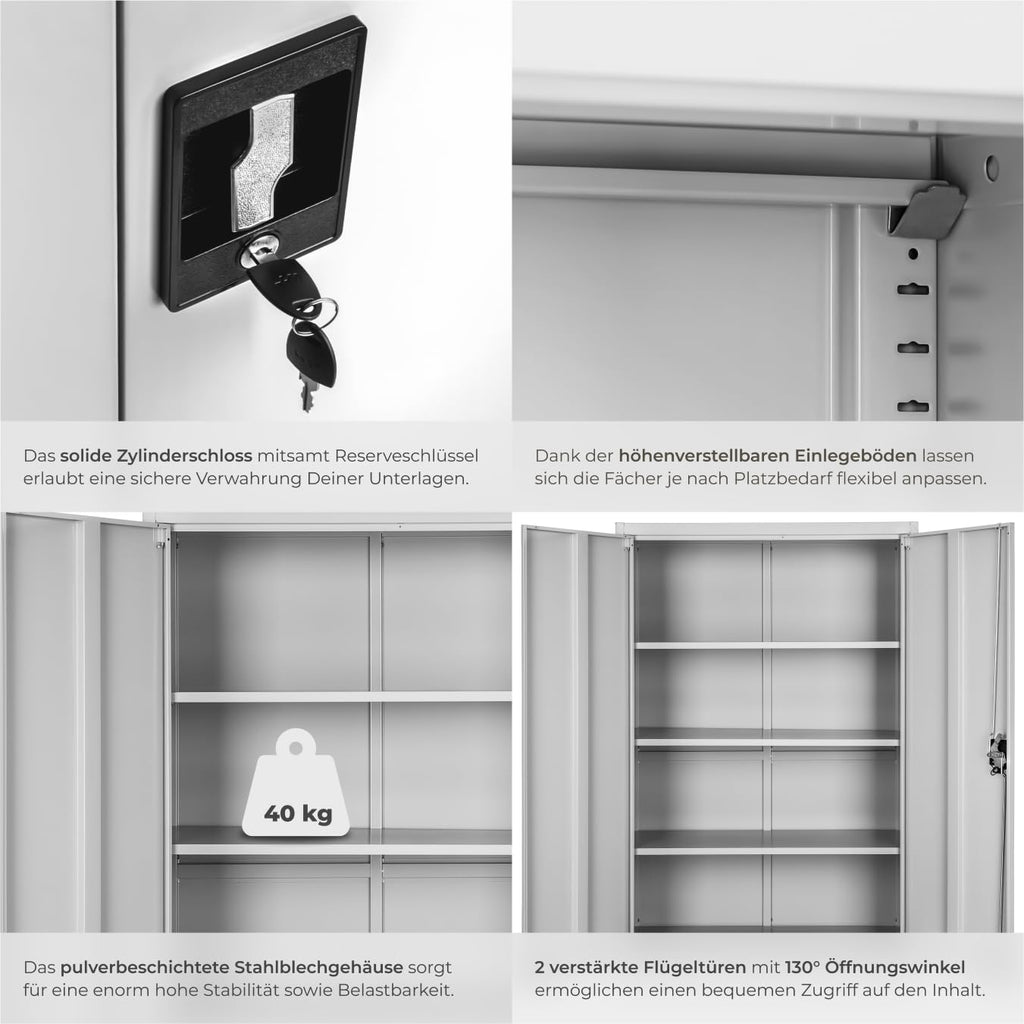 Aktenschrank 180x90x40 cm abschließbarer Büroschrank aus Stahl 2 Türen 5 höhenverstellbare Einlegeböden grau