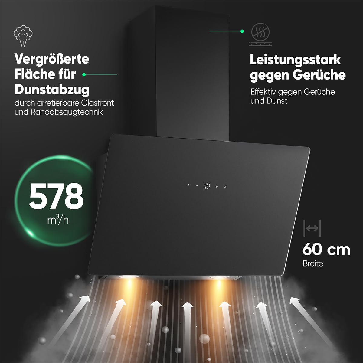 Dunstabzugshaube 60 cm bunte Beleuchtung Umluft und Abluft leise Kopffreihaube Energieklasse A+ DU 7611 G