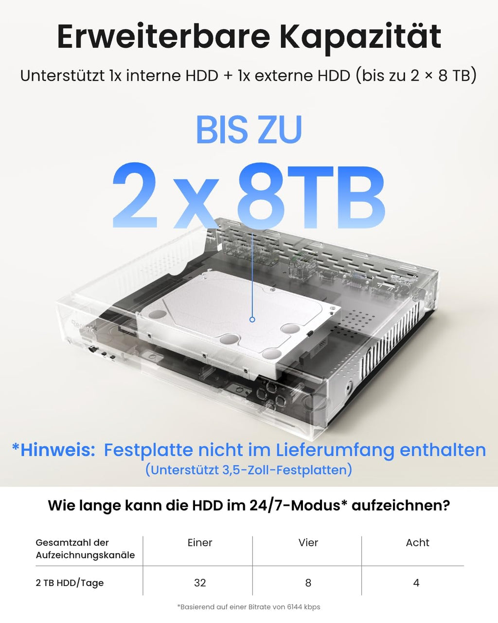 8 Kanal 4K PoE NVR Netzwerkvideorekorder Überwachungssystem RLN8-410 ohne HDD für 8 IP Kameras