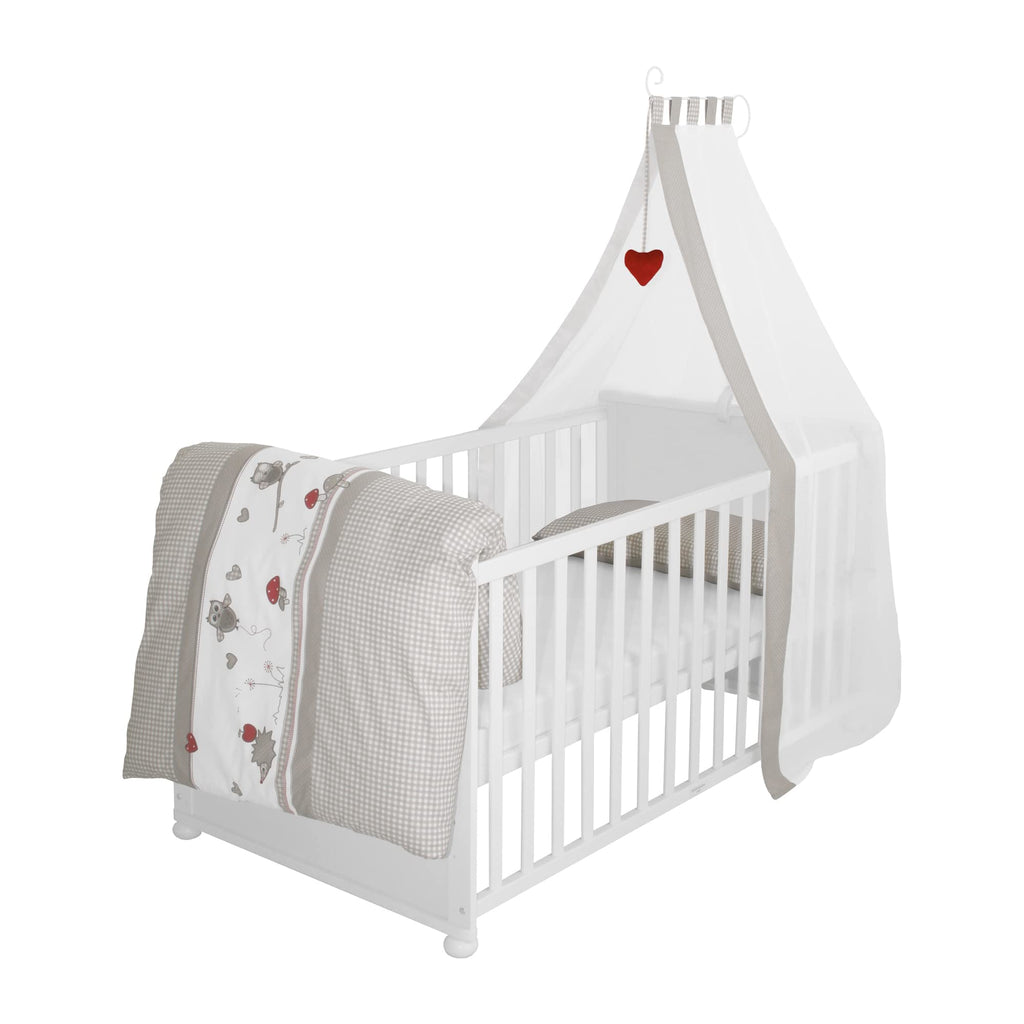 Babybett Set Adam und Eule 70x140 cm Bettwäsche Himmel Matratze höhenverstellbar Juniorbett umbaubar Holz weiß