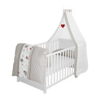 Babybett Set Adam und Eule 70x140 cm Bettwäsche Himmel Matratze höhenverstellbar Juniorbett umbaubar Holz weiß