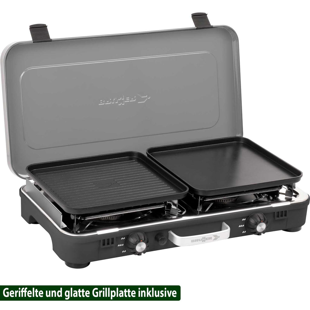 Campingkocher zweiflammig Gaskocher POWERKOOK 50 mbar mit 2 Grillplatten für Camping Outdoor