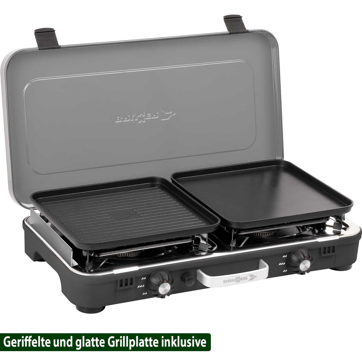 Campingkocher zweiflammig Gaskocher POWERKOOK 50 mbar mit 2 Grillplatten für Camping Outdoor
