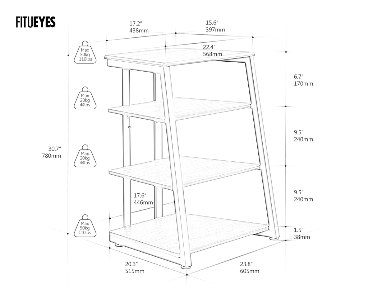 HiFi Rack aus Holz und Stahl mit verstellbaren Ablagen 61 x 52 x 78 cm für Fernseher und Audiogeräte