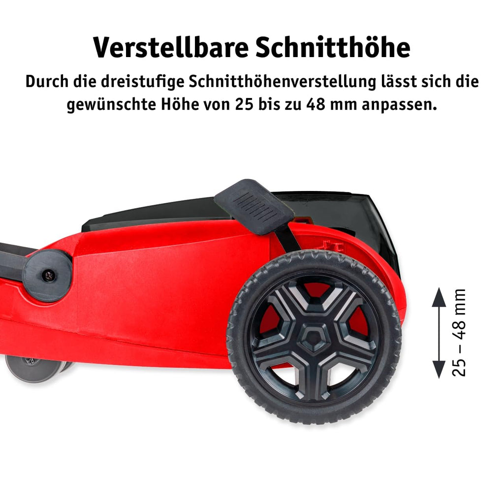 Akku Handrasenmäher 20V mit einstellbarer Schnitthöhe 25 bis 48 mm für präzisen Schnitt im Garten